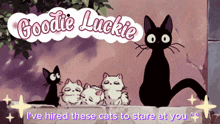 a poster for goodie luckie shows a black cat surrounded by white cats