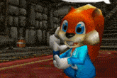 a cartoon squirrel in a blue and orange outfit talking on a cell phone