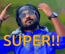 a man wearing sunglasses and a bandana says super in yellow letters