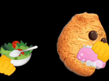 a cookie with a sad face is next to a bowl of salad and a soap bar