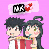 a cartoon of a boy and a girl eating popcorn under a mk sticker