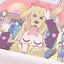 a cartoon drawing of a girl laying on her back with a dog licking her face