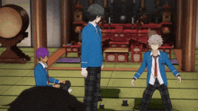 a group of anime characters in a room with a drum in the background