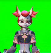 a green screen with a cartoon character holding a purple and pink object