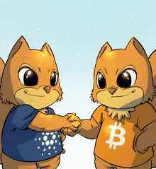 two cartoon cats shaking hands with one wearing a shirt with a bitcoin symbol
