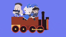 three cartoon characters are sitting on a train with the letter b on their hats