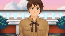 a boy in a brown shirt with a brown bow tie stands in front of a building