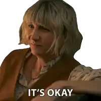 a woman in a brown vest says it 's okay on a white background