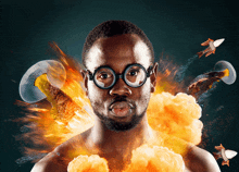 a man wearing glasses is surrounded by explosions and rockets