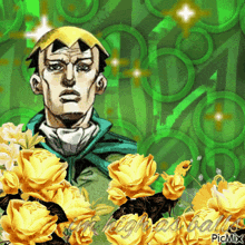 a picture of a man surrounded by yellow roses that says picmix on the bottom right