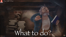 a cartoon character holding a book with the words what to do written below him