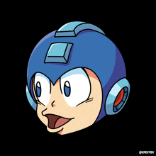 a cartoon drawing of a man with a blue helmet on