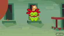 a cartoon character is sitting on a window sill with a cat on his head ..
