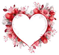 a heart shaped frame is surrounded by red flowers