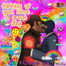 a cartoon of two men kissing with the words thinking of you have a great day