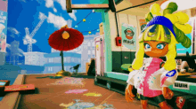 a cartoon character in a room with a poster that says music