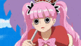 a girl with pink hair holding an umbrella