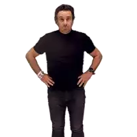 a man with his hands on his hips is wearing a black shirt