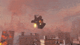 a computer generated image of a city with buildings on fire and a helicopter flying overhead