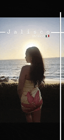 a woman in a floral dress is standing on a beach in jalisco mexico