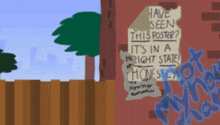 a cartoon character stands next to a poster that says have seen this poster