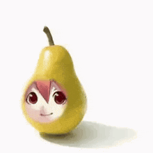 a pear with a face on it that looks like a girl .