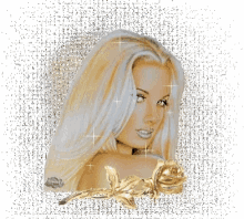 a painting of a blonde woman with a gold rose in front of her