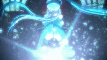 a girl with blue hair is surrounded by blue bubbles