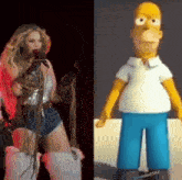 a woman singing into a microphone next to a cartoon homer simpson