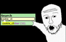 a cartoon of a man with a beard pointing at a search bar for cookie clicker
