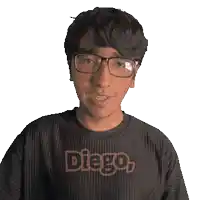 a man wearing glasses and a diego shirt makes a funny face
