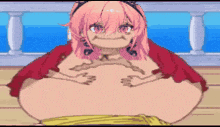 a pixel art drawing of a girl with pink hair and a big belly