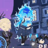 a cartoon of a girl with blue hair standing next to a cat and a wheelchair ..