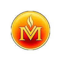 a gold coin with a letter m and a flame