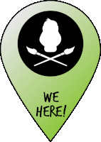 a green pin with a silhouette of a bird and the words we here on it