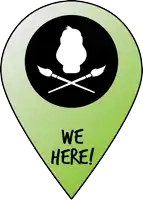 a green pin with a silhouette of a bird and the words we here on it