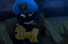 a cartoon character is wearing a blue hat with a letter p on it