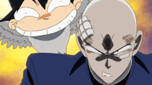 a bald man with a bandage on his head stands next to a cartoon character