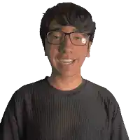 a man wearing glasses and a black shirt that says kai on it