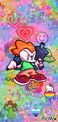 a picture of a cartoon character with the word autism in the background