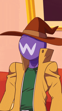 a cartoon character with a purple head and a brown hat has the letter w on his face