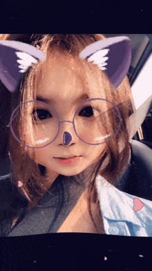 a little girl wearing glasses with purple ears
