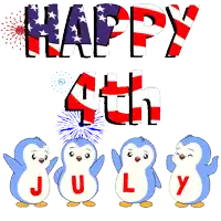 a cartoon penguin says happy 4th july in red white and blue
