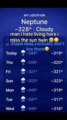 a screenshot of the weather forecast for neptune , a cloudy man i hate living here .