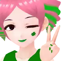 a girl with pink hair and a clover on her face is giving a peace sign