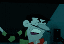a cartoon character is making a surprised face in the dark .
