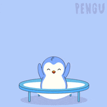 a penguin is jumping on a trampoline with the word penguin behind him