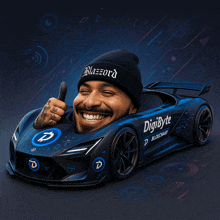 a man wearing a black beanie is giving a thumbs up in a car that says digibyte
