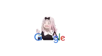a girl with a bow on her head is standing next to the google logo