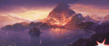 a painting of a landscape with a mountain in the middle